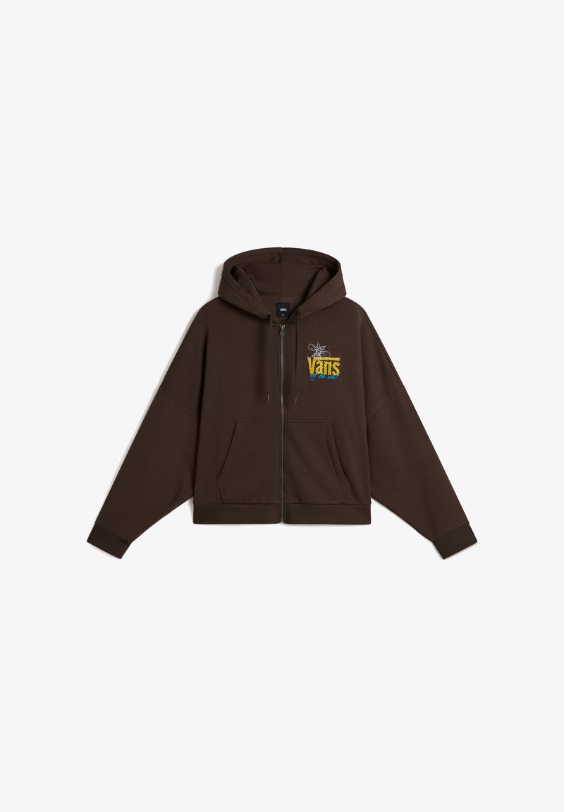 Hoodie à fermeture éclair marron avec poches avant et petit logo Vans jaune et bleu avec un motif de fleur sur la poitrine gauche.