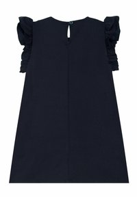 Marineblaues Kleid mit kurzen Rüschensleeves und einem Schlüsselaugenverschluss auf der Rückseite. Glatter Stoff, lockere Silhouette und keine Muster oder zusätzlichen Akzente.