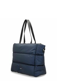 Borsa tote puffer blu navy con una texture morbida, dotata di due manici neri slanciati e chiusura con zip. Design a cucitura orizzontale distintivo.