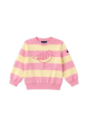 Pull enfant à manches longues avec des rayures horizontales roses et jaunes et un motif de contour d'oiseau rose sur la poitrine.