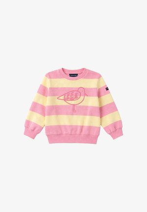 Pull enfant à manches longues avec des rayures horizontales roses et jaunes et un motif de contour d'oiseau rose sur la poitrine.