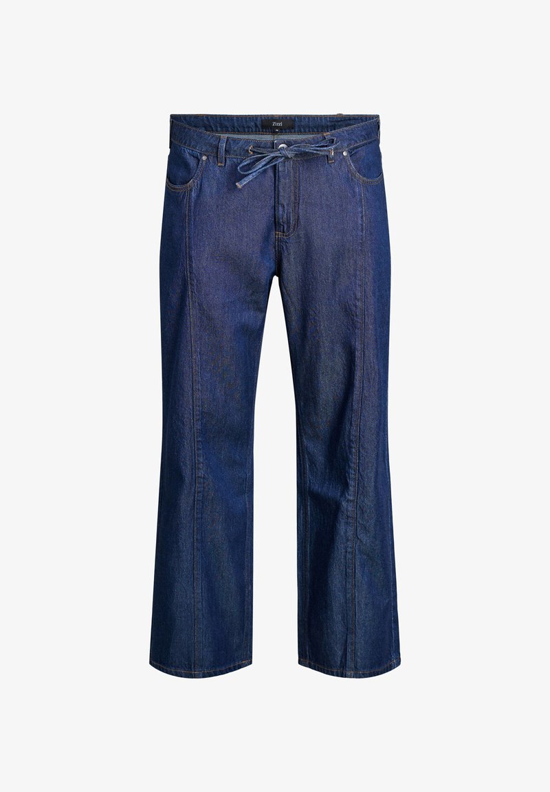 Tumši zili džinsi ar brīvu piegriezumu, ar auklu vidukli, pieciem kabatām un redzamām šuvju detaļām.