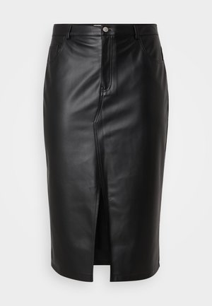 Must mustrõngastust ja kontrastsete õmblustega must nahast pliiatsiseelik, millel on ees lõhik. Omab vöörihmasid ja esikotte.