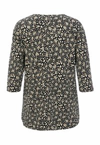 Zwarte top met een ronde halslijn en driekwartmouwen, voorzien van een gespikkeld beige en wit patroon.