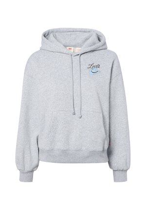 Jasnoszara bluza Levi's z kapturem, kieszonką z przodu, regulowanym sznurkiem przy kapturze i małą niebieską grafiką deskorolki z logo Levi's na piersi.