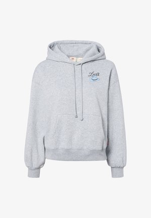 Jasnoszara bluza Levi's z kapturem, kieszonką z przodu, regulowanym sznurkiem przy kapturze i małą niebieską grafiką deskorolki z logo Levi's na piersi.