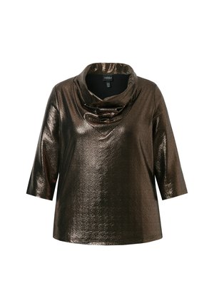 Bronze cowl-neck top with three-quarter sleeves, featuring a textured metallic finish and smooth fabric. Accents include a draped neckline.
