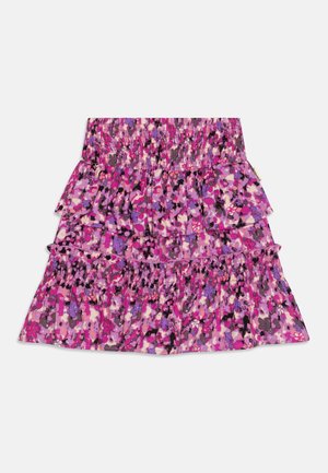 Lilla og pink lagdelt nederdel med elastisk talje og flæselag, designet til piger.