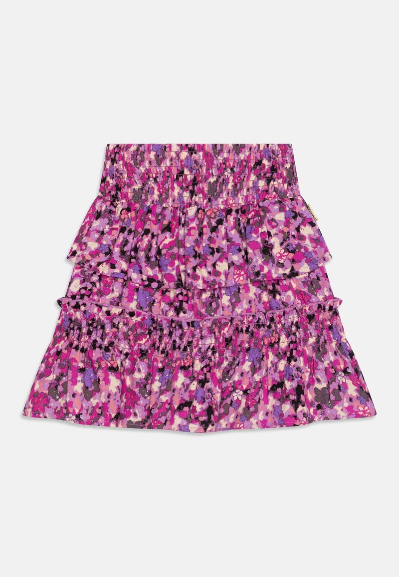 Jupe à étages fleurie violette et rose avec taille élastique et couches volantées, conçue pour les filles.