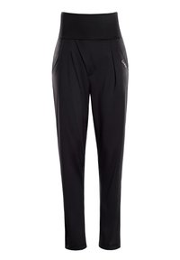 Pantaloni neri con vita alta, realizzati in tessuto morbido, con pince sul davanti e tasche laterali. Design semplice con gamba dritta.