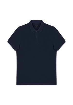 Granatowa koszulka polo z krótkim rękawem, kołnierzykiem oraz dwukorzędowym rozpięciem na guziki, gładki przód i subtelne logo na lewej piersi.