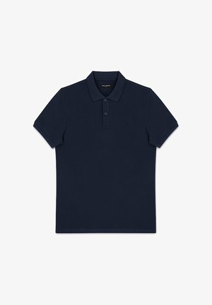 Granatowa koszulka polo z krótkim rękawem, kołnierzykiem oraz dwukorzędowym rozpięciem na guziki, gładki przód i subtelne logo na lewej piersi.