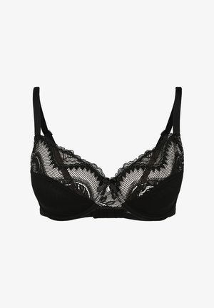 Black lace bra with underwire, featuring scalloped edges, a central bow detail, and adjustable straps for a structured fit.