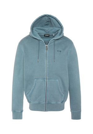 Sweat à capuche bleu clair zippé avec poches avant, cordons et capuche, en tissu doux, avec un petit logo sur la poitrine.