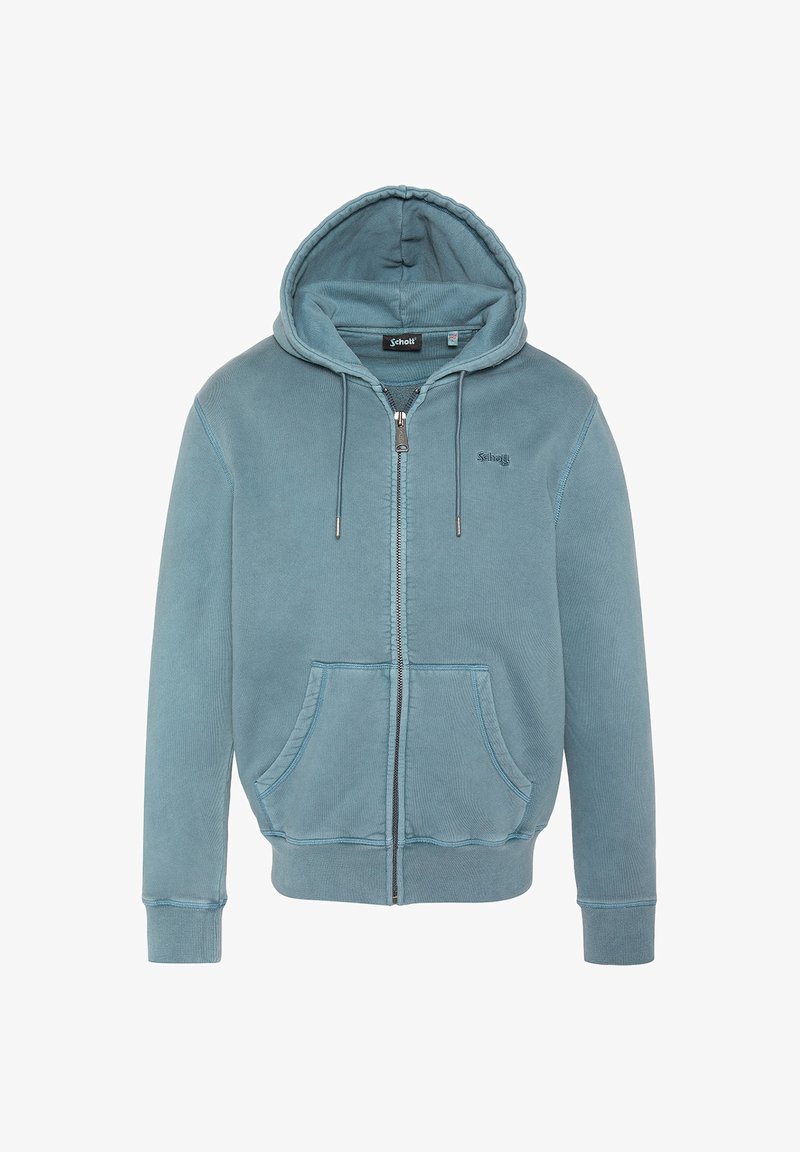 Sweat à capuche bleu clair zippé avec poches avant, cordons et capuche, en tissu doux, avec un petit logo sur la poitrine.