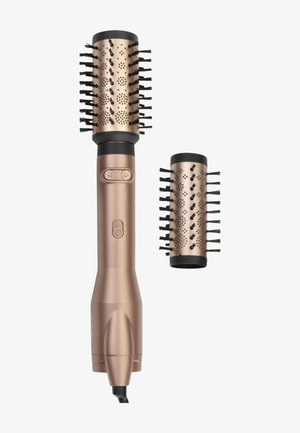 Spazzola rotante per styling ad aria calda con accessorio spazzola rotonda rimovibile, bronzo e nero con pulsanti di controllo sul manico.