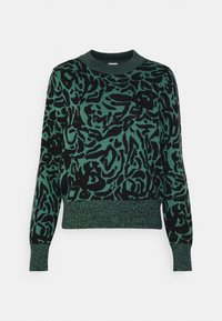 Pull à motifs verts et noirs avec un col rond, des manches longues et des poignets côtelés. Présente un design abstrait d'imprimé animal.