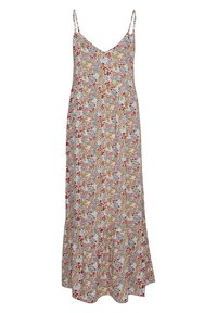 Longue robe d'été sans manches avec fines bretelles, col en V, et petit motif floral multicolore sur fond blanc.