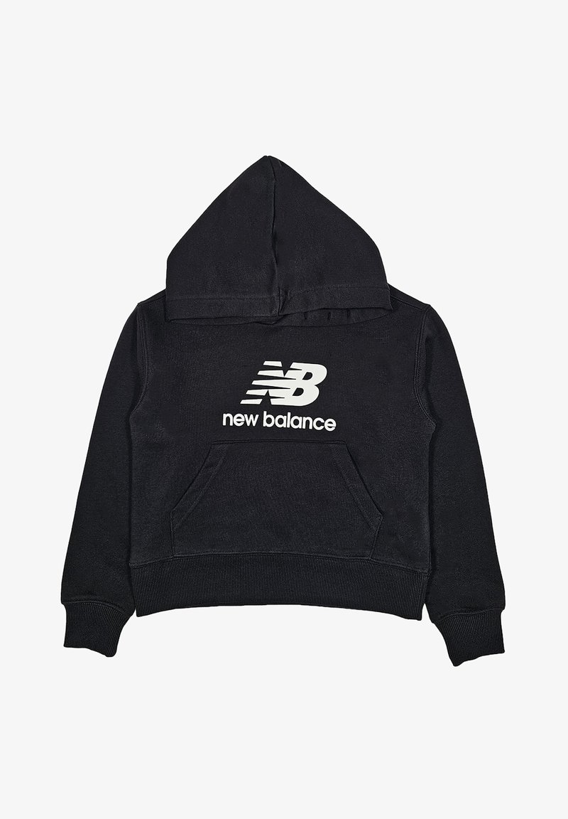 Felpa nera New Balance con tasca a marsupio frontale e logo bianco centrato sul petto, polsini e vita a costine.