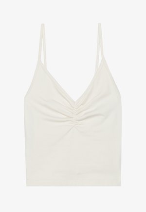 Bela brezrokavnica iz mehkega, elastičnega materiala z V-izrezom in nabrano spodnjim delom na sredini. Tanke naramnice in gladka tekstura.