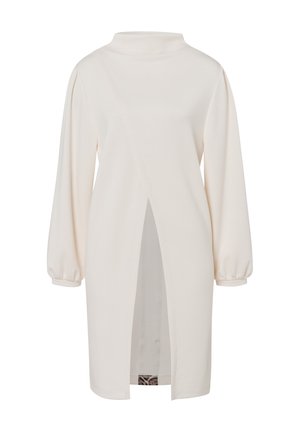 Crème-kleurige jurk met lange mouwen en hoge kraag, geplooide mouwen en een split aan de zijkant. Glad materiaal met een verborgen patroonvoering.