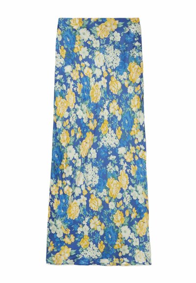 Jupe florale bleue, ornée d'un motif de grandes fleurs jaunes et blanches. Fabriquée en tissu léger avec une texture douce.