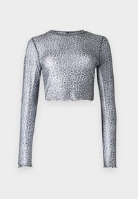 Silver mesh long-sleeve top with a cropped hem, featuring a leopard print pattern and scalloped edges at the cuffs and bottom.