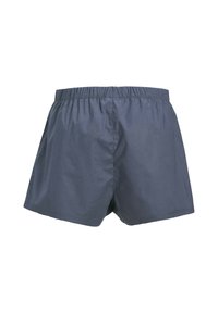 Shorts de bain gris foncé avec une taille élastique, fabriqués en tissu léger, présentant un design simple et sans ornement et une coupe décontractée.