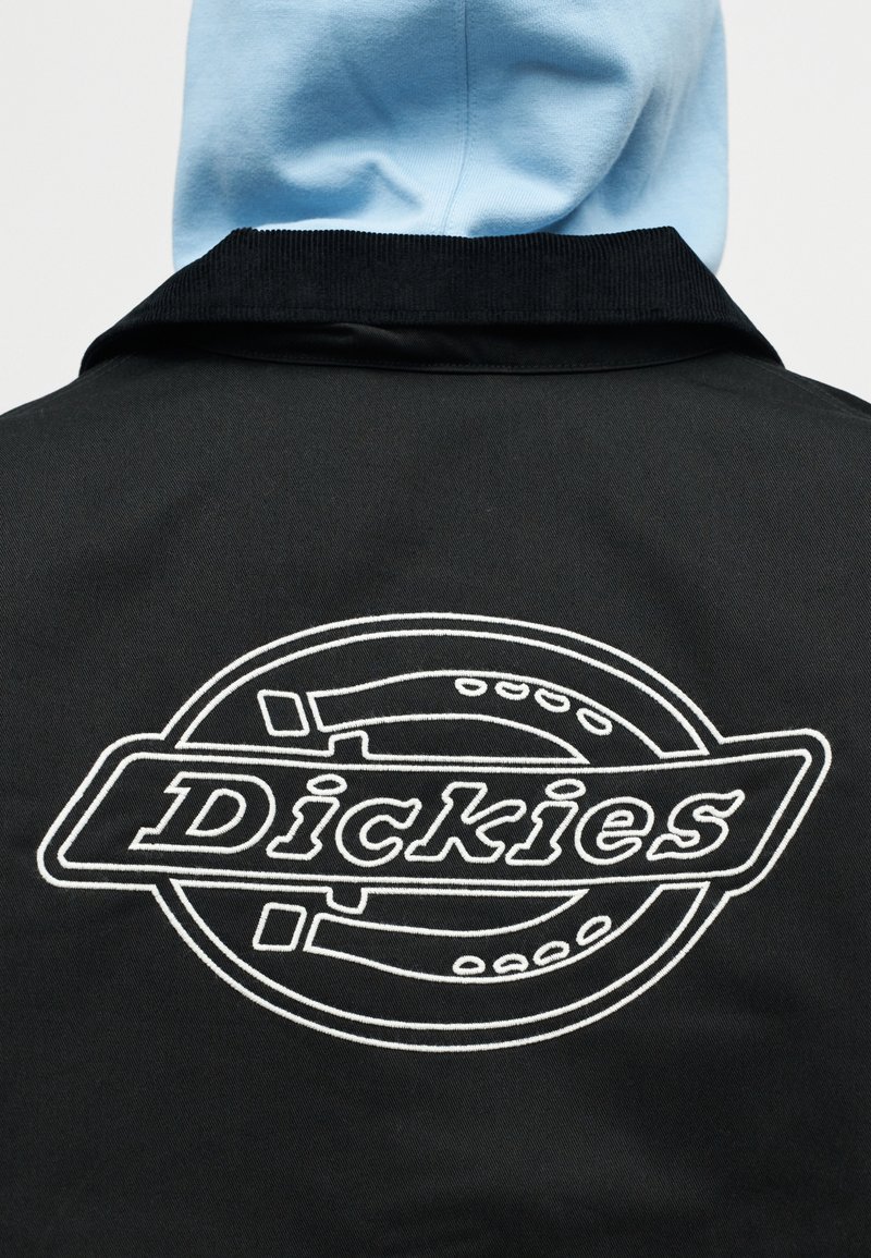 Persona che indossa una giacca nera con il logo Dickies contornato di bianco sulla schiena e un cappuccio azzurro chiaro che copre la testa.