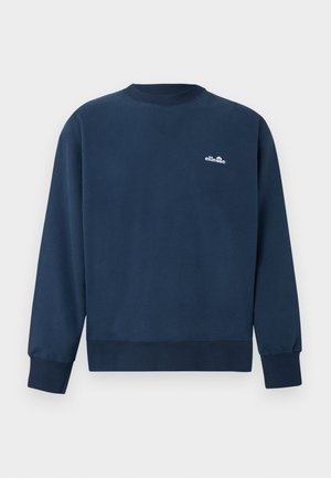 Sweat-shirt bleu marine à col rond avec manches longues et petit logo blanc "ellesse" sur la poitrine gauche.