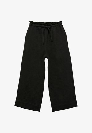 Sorte bredbenede bukser lavet af struktureret stof, med en rynket elastisk talje og justerbar snor.