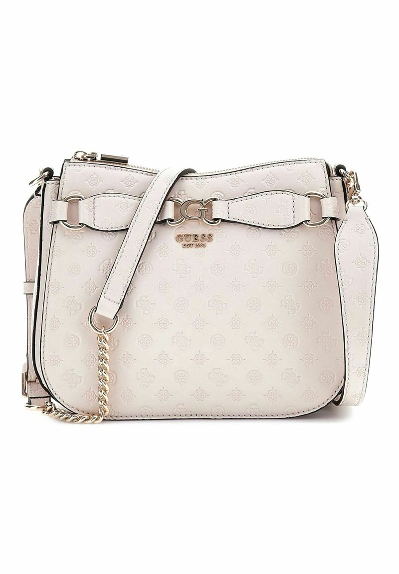 Borsa a tracolla in finta pelle bianca con motivo del logo in rilievo, dettagli in hardware argentato, tracolla a catena e spallaccio regolabile.