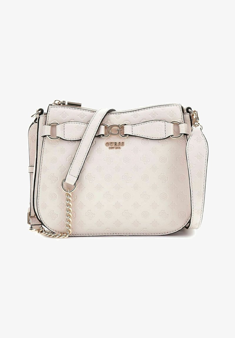 Borsa a tracolla in finta pelle bianca con motivo del logo in rilievo, dettagli in hardware argentato, tracolla a catena e spallaccio regolabile.