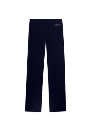 Pantalones negros de pierna recta con cintura elástica y el logo "FREDDY" en la parte superior izquierda del frente, mostrados sobre un fondo blanco.