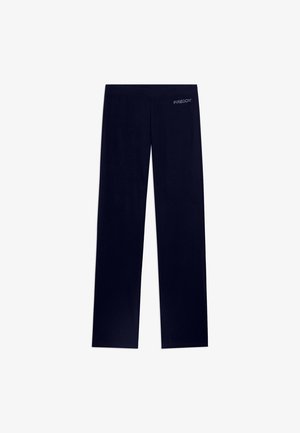 Pantalones negros de pierna recta con cintura elástica y el logo "FREDDY" en la parte superior izquierda del frente, mostrados sobre un fondo blanco.