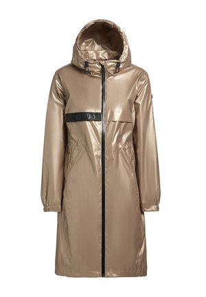 Impermeabile leggero in metallo dorato con cappuccio, cerniera nera e tasca sul petto, con polsini elasticizzati e una banda nera con il marchio.