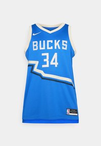 Mėlyna krepšinio apranga su užrašu "BUCKS" ir numeriu "34" baltaisiais rašmenimis, papuošta baltu ir juodu raštu. Pagaminta iš pralaidaus audinio.
