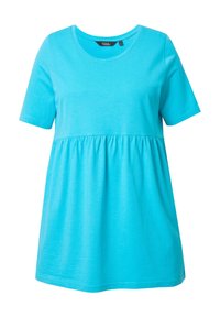 Top a maniche corte e collo rotondo di un brillante turchese. Realizzato in cotone morbido e leggero, con dettagli arricciati in vita per una vestibilità comoda.