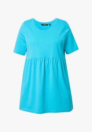 T-shirt z krótkim rękawem i okrągłym dekoltem w jaskrawym turkusowym kolorze. Wykonany z miękkiej, lekkiej bawełny z marszczeniami w talii, co zapewnia luźny fason.