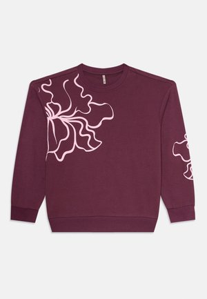 Dunkelvioletter Langarmpullover mit einem hellrosa abstrakten Blumendesign auf der linken Schulter und dem rechten Ärmel, runder Ausschnitt, ribbelte Bündchen und Saum.
