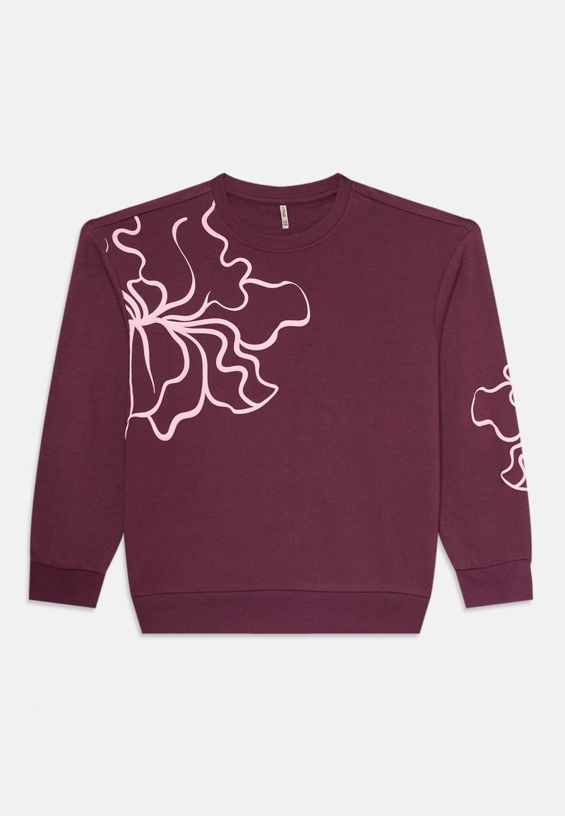 Sudadera de manga larga morado oscuro con un diseño floral abstracto en rosa claro en el hombro izquierdo y la manga derecha, cuello redondo, puños y dobladillo acanalados.