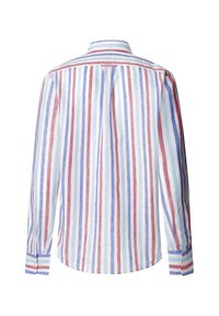 Chemise à rayures à manches longues présentant des rayures verticales rouges, bleues et blanches. Fabriquée en tissu léger avec un col et des poignets à bouton.