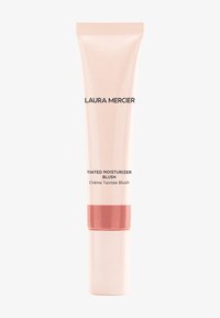 Laura Mercier fargetonede fuktighetskrem i en klembar tube, lys rosa med en mørkere rosa bunn, med svart tekstetikett.