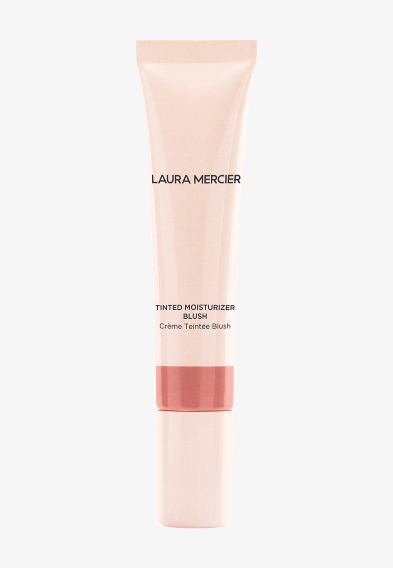 Il Blush Tinted Moisturizer di Laura Mercier in un tubo spremibile, di colore rosa pallido con una parte inferiore rosa più scuro, con etichetta in testo nero.