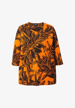 Blusa arancione con scollo a V, caratterizzata da un audace motivo floreale nero. Realizzata in tessuto morbido, con maniche a 3/4 e una vestibilità comoda.