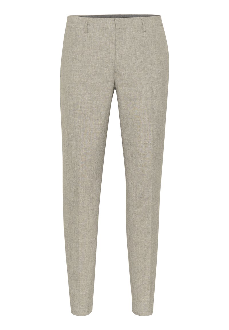 Jasnoszare, dopasowane spodnie o subtelnej teksturze materiału, w slim fit, na zamek błyskawiczny, z przednimi kieszeniami. Brak widocznych wzorów lub akcentów.