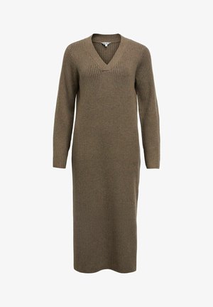 Robe longue côtelée en vert olive avec un décolleté en V et des manches longues. Fabriquée dans un tissu tricoté doux et texturé.