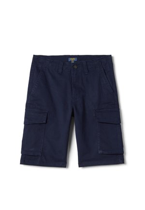 Marineblauwe cargoshort met knoop aan de voorkant, riemlussen, zakken aan de zijkant en grote cargozakken op elke pijp.