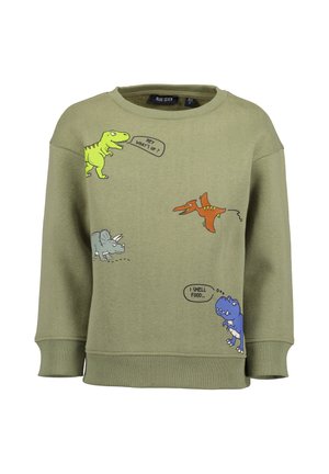 Grünes Sweatshirt mit Cartoon-Dinosauriern und Sprechblasen mit "Hey what's up?" und "I smell food," auf der Vorderseite.