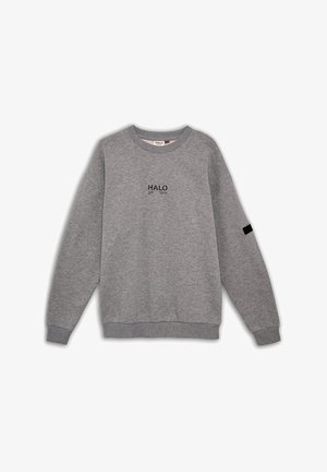 Grijze sweatshirt met geribbelde ronde hals en manchetten. Kenmerkt zich door het woord "HALO" in zwart gedrukt op de borst. Zacht, textuurstof.